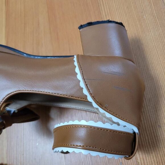 Gingerbread brown mary janes block heel bow detail white scalloped accent lolita - Picture 5 of 8